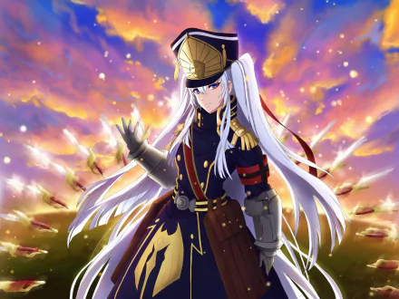 HD desktop wallpaper featuring Altair from the anime Re:Creators, showcasing her in a dramatic pose with a colorful, fiery sky background.