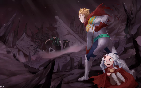 HD My Hero Academia wallpaper: Mirio Togata stands resolute on a shattered battlefield, Eri clutching her cloak at his feet, Overhaul (Kai Chisaki) and henchmen looming in mist.