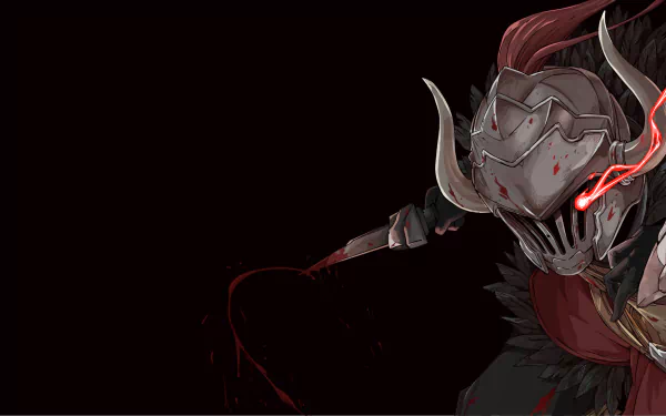 A striking HD anime wallpaper featuring Goblin Slayer in full armor with a blood-stained knife against a dark background. The intense red eye adds a dramatic flair to the scene.