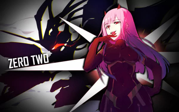 HD PC desktop wallpaper featuring Zero Two from the anime Darling in the FranXX, showcasing her confident pose against a dynamic dark background.