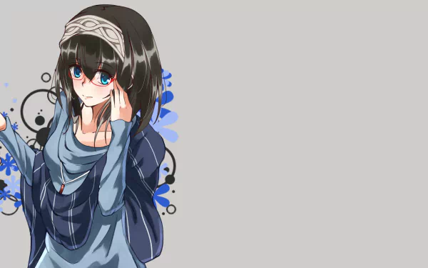 2K Quad HD wallpaper of Fumika Sagisawa from The iDOLM@STER Cinderella Girls — smiling anime girl with short black hair, blue eyes and glasses, wearing a scarf and jacket on a gray backdrop.