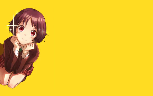 Kumin Tsuyuri from Love Chunibyo & Other Delusions in a school uniform with short brown hair, brown eyes, a smile, and blush on a bright yellow HD wallpaper background.