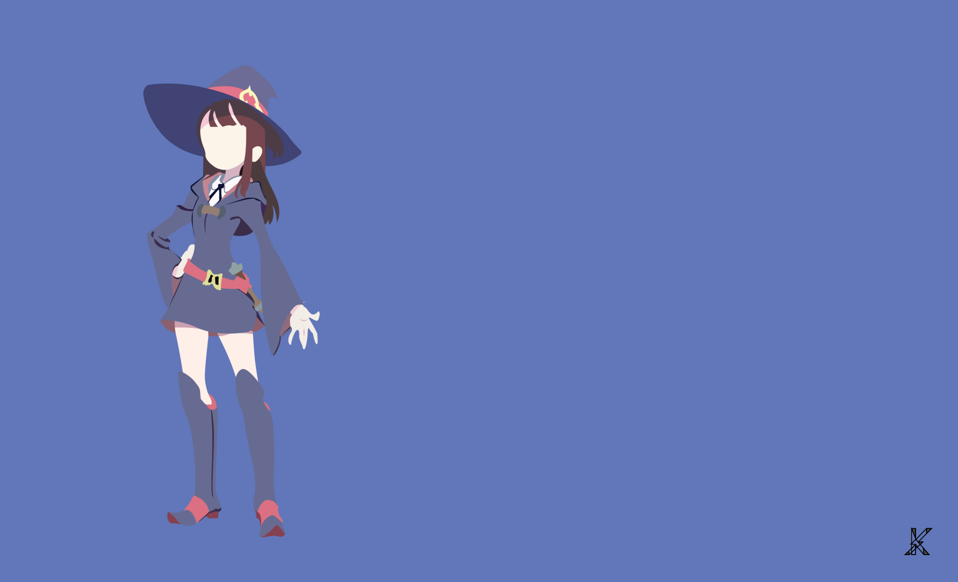 Atsuko Kagari (Little Witch Academia) in anime style, standing in a witch hat and cape against a flat blue backdrop — 4K Ultra HD PC desktop wallpaper/background.
