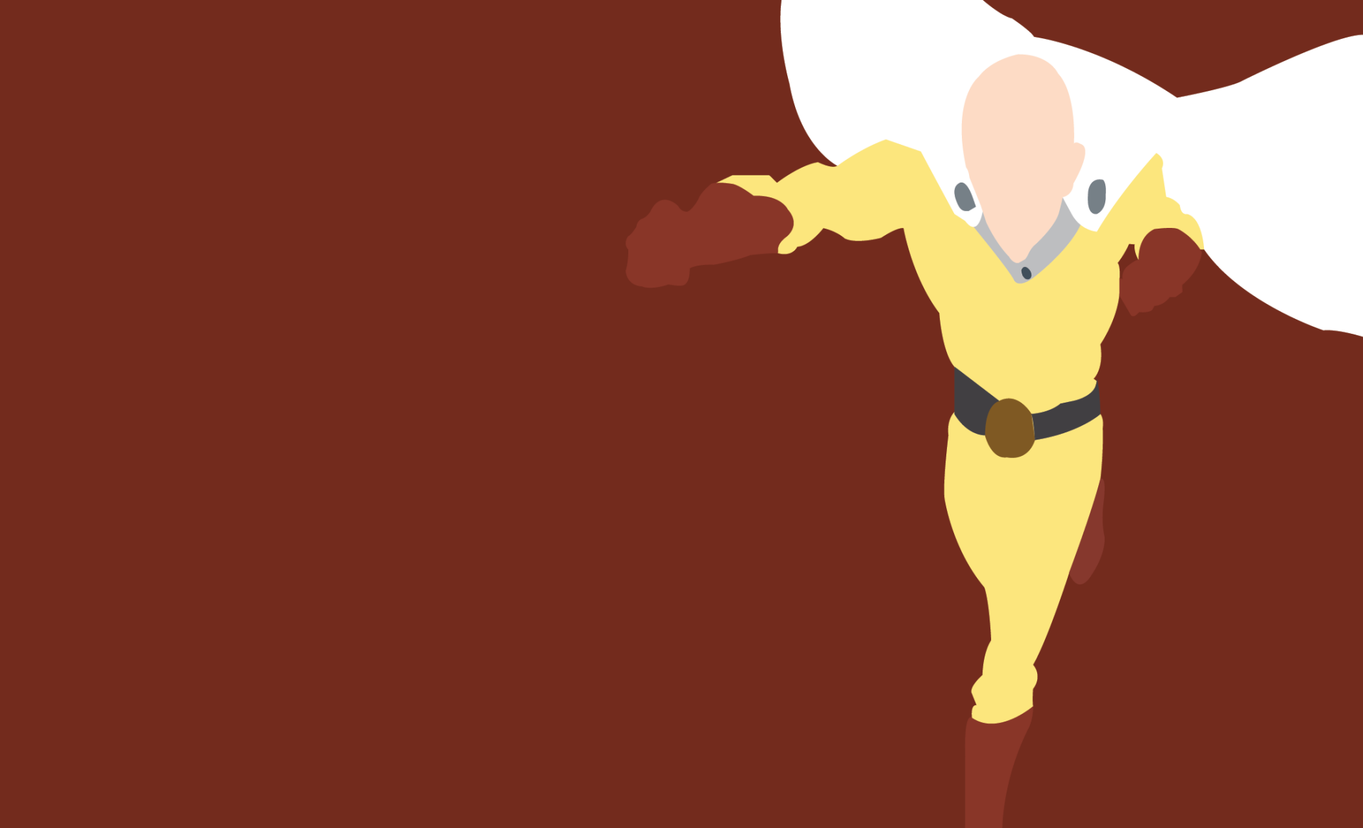 Minimalist HD PC desktop wallpaper featuring Saitama from the anime One-Punch Man in his iconic yellow hero suit and red gloves against a deep red background.