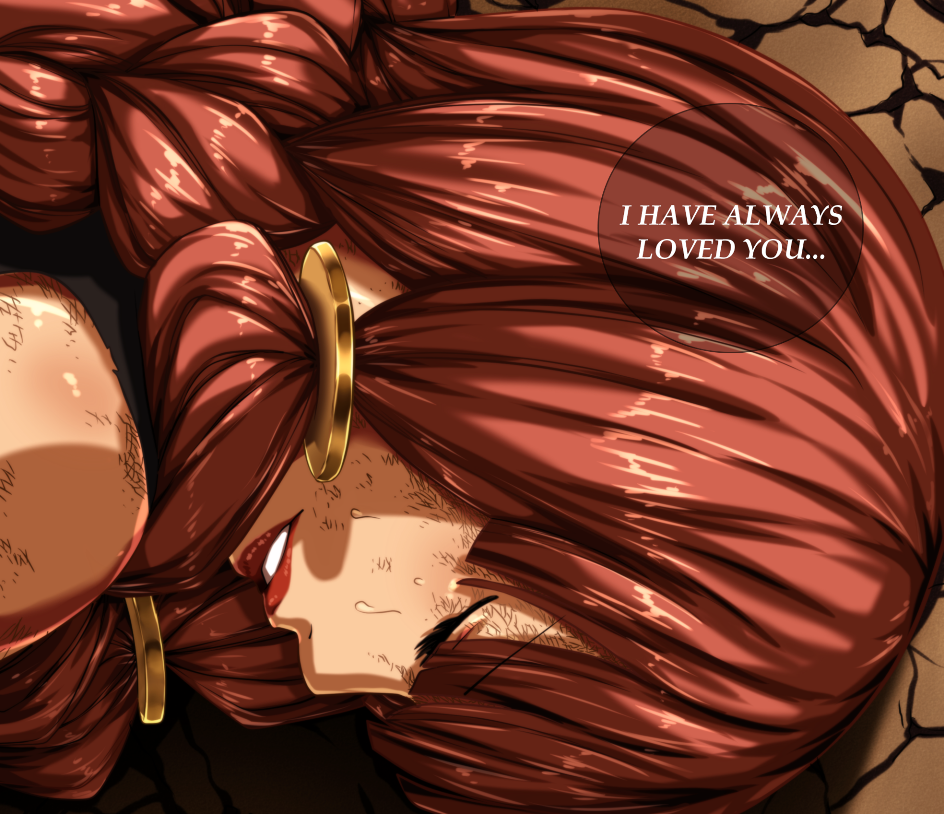 HD PC desktop wallpaper featuring Irene Belserion from Fairy Tail with flowing red hair and the text I HAVE ALWAYS LOVED YOU... in an anime art style.