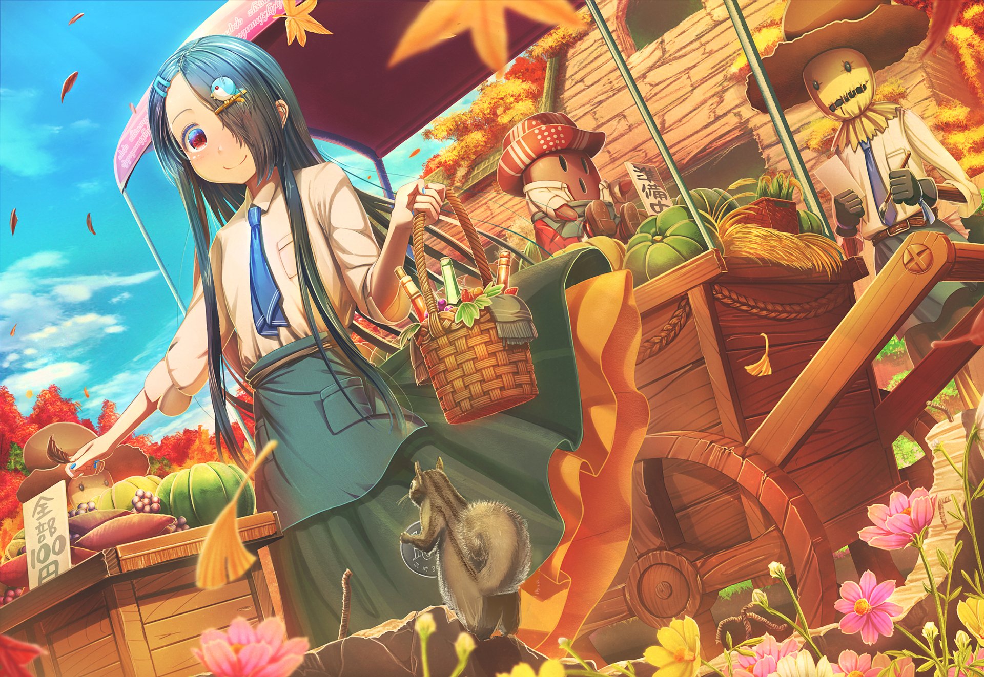 HD PC desktop wallpaper/background — original anime of a blue-haired girl at a sunlit autumn market, a cart piled with produce, flowers and a small fox-like animal.