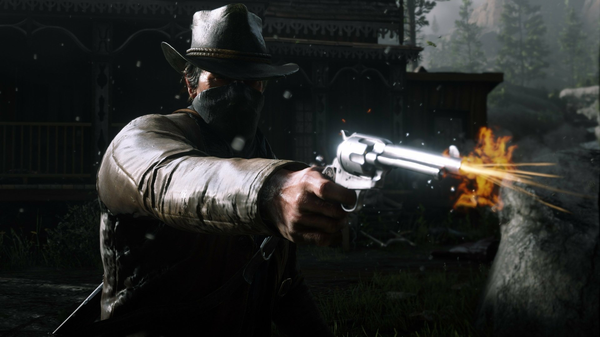 HD desktop wallpaper from Red Dead Redemption 2 featuring Arthur Morgan aiming and firing a revolver, showcasing the game's intense action and detailed graphics.
