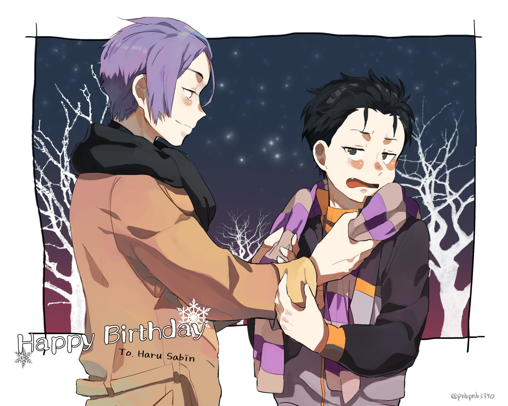 HD anime wallpaper featuring Subaru Natsuki and Julius Juukulius with black and purple hair, dressed in winter attire and scarves, from Re:Zero - Starting Life in Another World.