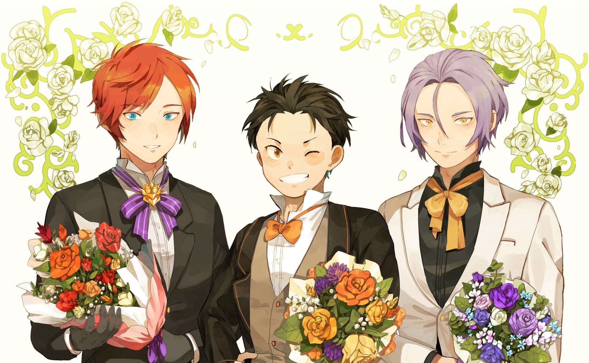 HD anime desktop wallpaper featuring Subaru Natsuki, Julius Juukulius, and Reinhard van Astrea from Re:Zero - Starting Life in Another World, dressed in formal attire holding bouquets.