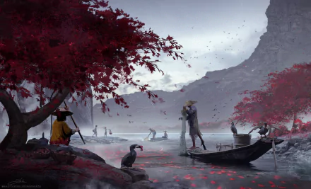 A fantasy HD desktop wallpaper of an oriental fishing scene with boats, birds, and figures wearing Asian conical hats amidst red-leafed trees and misty mountains.