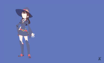 Atsuko Kagari (Little Witch Academia) in anime style, standing in a witch hat and cape against a flat blue backdrop — 4K Ultra HD PC desktop wallpaper/background.