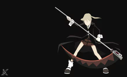 HD PC desktop wallpaper featuring Maka Albarn from the anime Soul Eater, depicted with her iconic scythe against a black background.