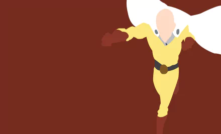 Minimalist HD PC desktop wallpaper featuring Saitama from the anime One-Punch Man in his iconic yellow hero suit and red gloves against a deep red background.