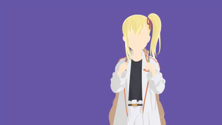 Anzu (Hinamatsuri) anime portrait: faceless stylized figure in a white coat and backpack on a flat purple field — 4K Ultra HD PC desktop wallpaper/background.