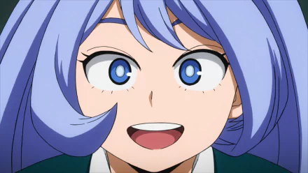 HD PC desktop wallpaper featuring Nejire Hado from the anime My Hero Academia with expressive blue eyes and a joyful smile.