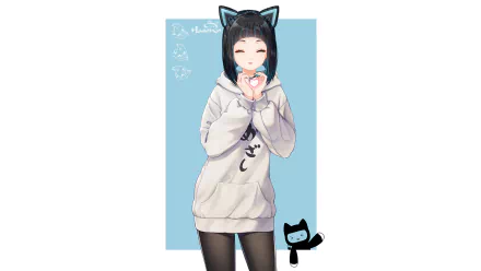 Anime Virtual YouTuber with cat ears and oversized hoodie, smiling and forming a heart with hands on a soft blue HD PC desktop wallpaper with a small cat silhouette in the background.