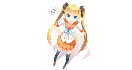 Anime girl with blonde twintails in a school uniform and skirt, shown in HD, designed as a vibrant PC desktop wallpaper and background.