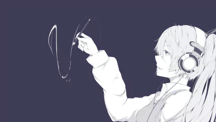 Monochrome anime-style HD desktop wallpaper featuring Hatsune Miku wearing headphones and interacting with floating headphone cords, representing the Vocaloid theme.