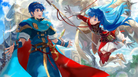 HD PC desktop wallpaper featuring Marth and Caeda from the Fire Emblem video game series in dynamic poses against a bright sky background.