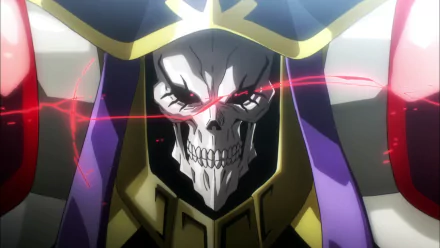 HD desktop wallpaper featuring an intense close-up of a character from the anime Overlord, showcasing a skeleton-like face with glowing red eyes and intricate armor details.