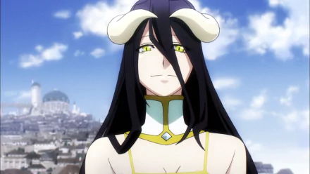 HD anime wallpaper featuring Albedo from Overlord with her signature horns, long black hair, and a serene cityscape under a bright blue sky in the background.