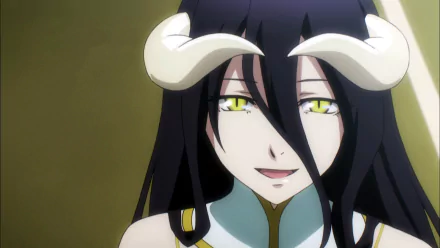 HD PC desktop wallpaper featuring Albedo from the anime Overlord, showcasing her distinctive horns and yellow eyes with a confident smile.