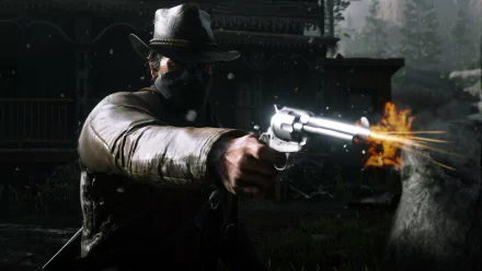 HD desktop wallpaper from Red Dead Redemption 2 featuring Arthur Morgan aiming and firing a revolver, showcasing the game's intense action and detailed graphics.