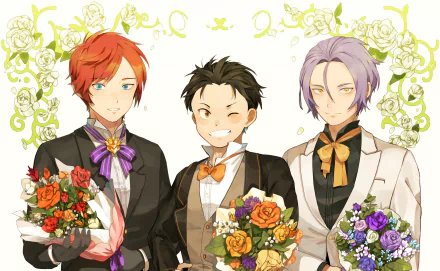HD anime desktop wallpaper featuring Subaru Natsuki, Julius Juukulius, and Reinhard van Astrea from Re:Zero - Starting Life in Another World, dressed in formal attire holding bouquets.