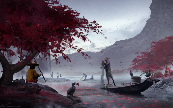 A fantasy HD desktop wallpaper of an oriental fishing scene with boats, birds, and figures wearing Asian conical hats amidst red-leafed trees and misty mountains.