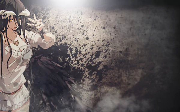 HD desktop wallpaper featuring Albedo from the anime Overlord, set against a detailed grunge background.
