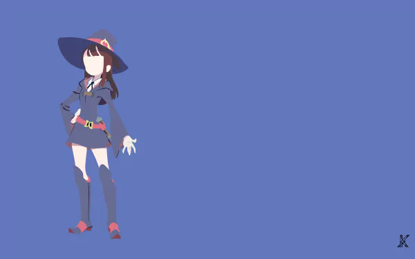 Atsuko Kagari (Little Witch Academia) in anime style, standing in a witch hat and cape against a flat blue backdrop — 4K Ultra HD PC desktop wallpaper/background.