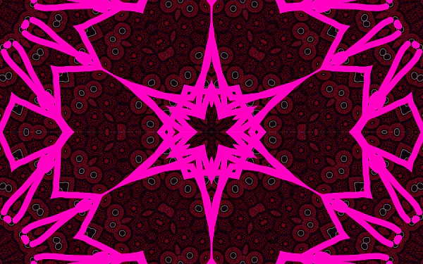 Abstract kaleidoscope in neon magenta and deep burgundy with star-like geometric motifs — 4K Ultra HD PC desktop wallpaper/background.