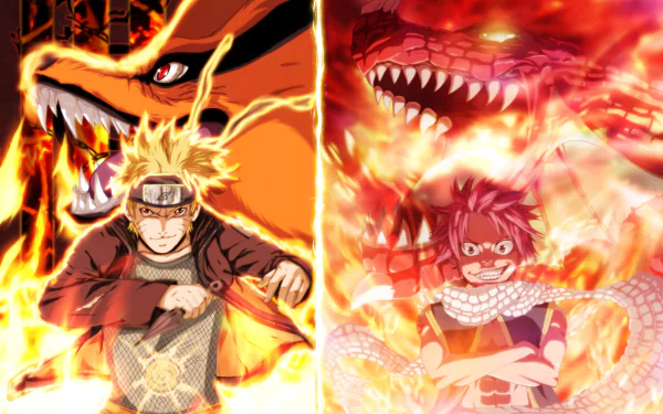 HD desktop wallpaper featuring a crossover of Naruto Uzumaki with Kurama from Naruto and Natsu Dragneel with Igneel from Fairy Tail, highlighted by fiery and dynamic backgrounds.