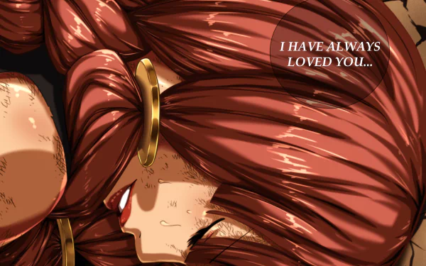 HD PC desktop wallpaper featuring Irene Belserion from Fairy Tail with flowing red hair and the text I HAVE ALWAYS LOVED YOU... in an anime art style.