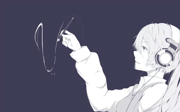 Monochrome anime-style HD desktop wallpaper featuring Hatsune Miku wearing headphones and interacting with floating headphone cords, representing the Vocaloid theme.