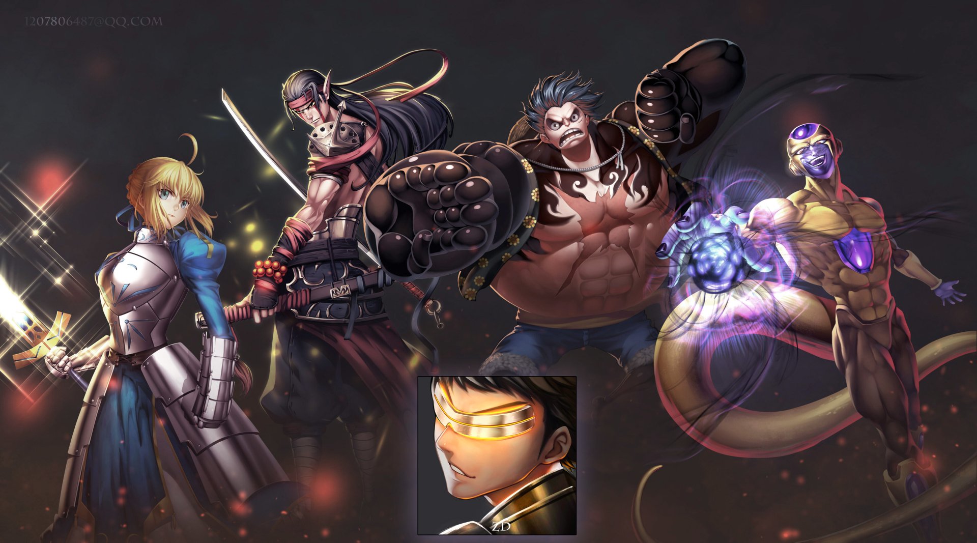 Download Frieza (Dragon Ball) Fate (Series) One Piece Monkey D. Luffy Saber (Fate Series) Anime Crossover 4k Ultra HD Wallpaper by ZhangDing