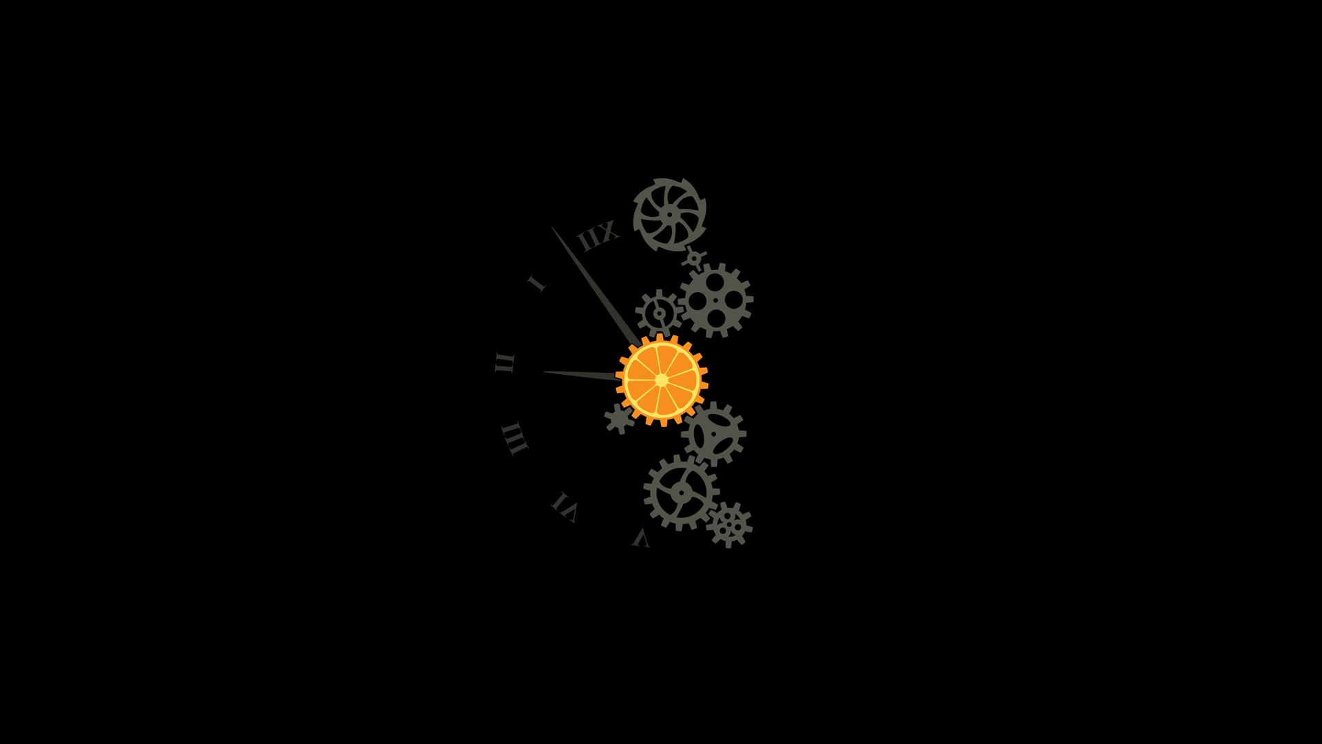 Minimalist HD desktop wallpaper featuring orange and gray gears forming a clock, inspired by the movie A Clockwork Orange on a black background.