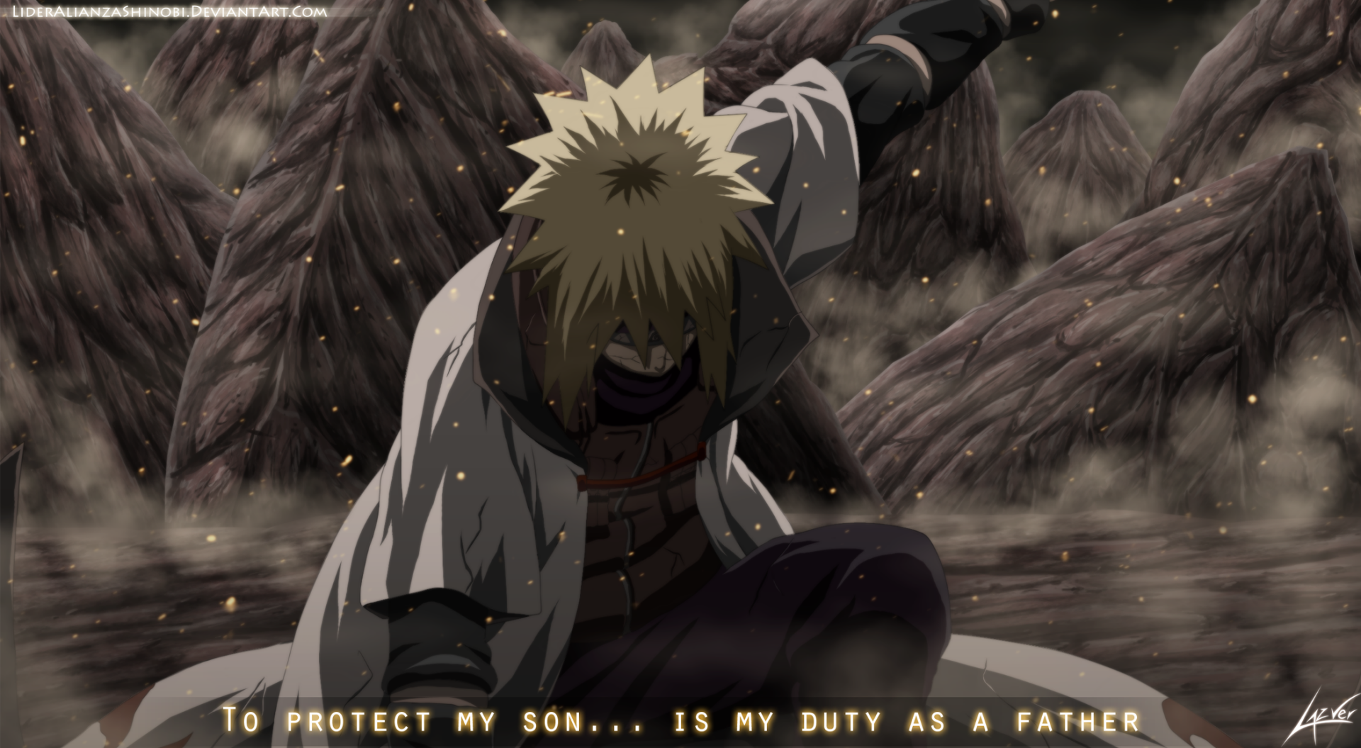 HD anime desktop wallpaper featuring Minato Namikaze from Naruto, kneeling with glowing embers around him and the quote, To protect my son... is my duty as a father.
