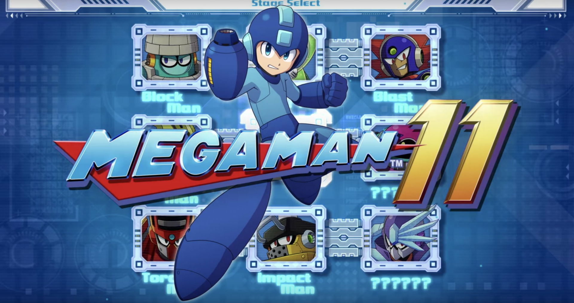 HD desktop wallpaper featuring Mega Man with bosses from Mega Man 11 such as Acid Man and Block Man.