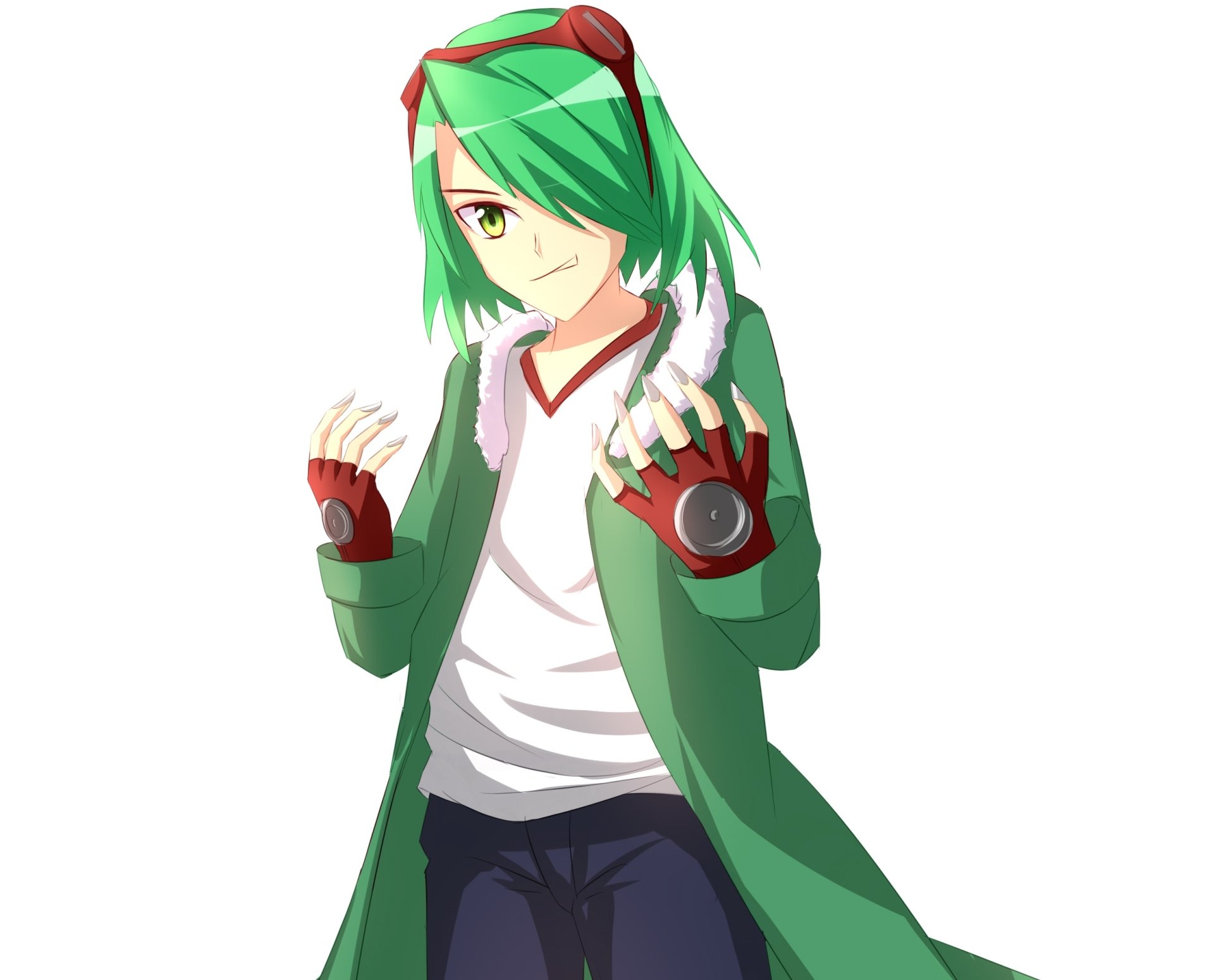 Lubbock (Akame ga Kill!) anime character with green hair and coat, red finger-clawed gloves, smirking on a white background — HD PC desktop wallpaper/background.