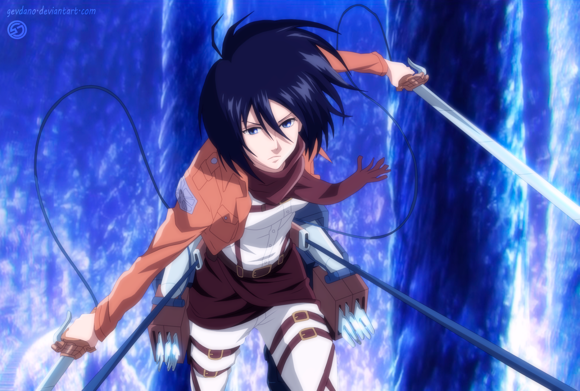 HD PC desktop wallpaper featuring Mikasa Ackerman from the anime Attack on Titan, poised in action with swords and blue-toned dynamic background.