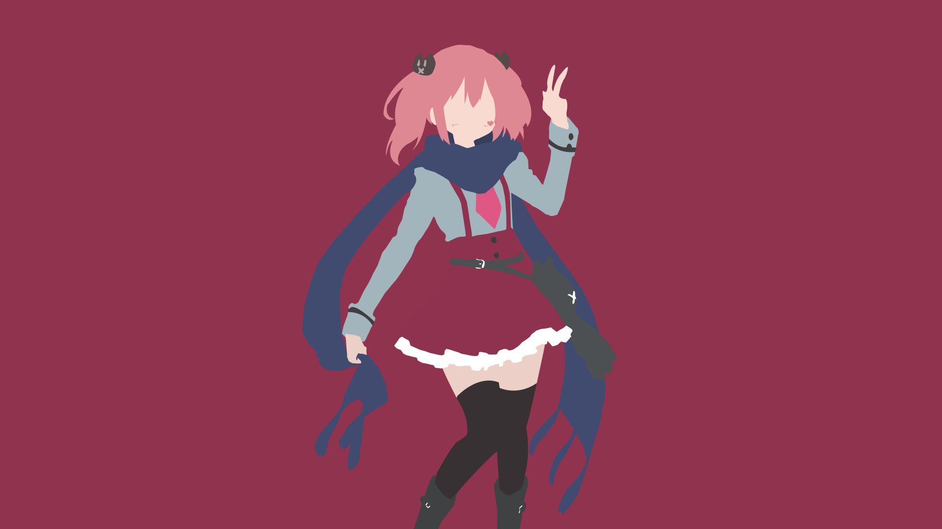 Minimalist 8K Ultra HD anime wallpaper of Satone Shichimiya from Love Chunibyo & Other Delusions, featuring her in a skirt and scarf against a solid maroon background.