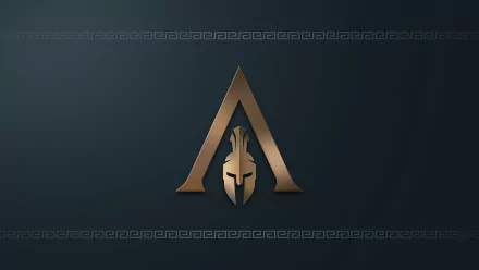4K Ultra HD Spartan helmet emblem from Assassin's Creed Odyssey, set against a dark backdrop with subtle Greek key patterns, representing the video game series.