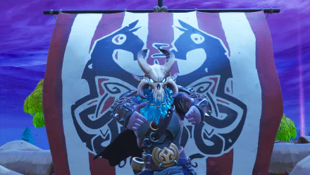 Fortnite Battle Royale character in Viking-inspired armor stands in front of a ship with wolf emblem, captured in a vibrant 4K Ultra HD video game desktop wallpaper.