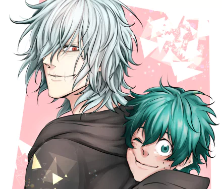 HD anime desktop wallpaper featuring Tomura Shigaraki and Izuku Midoriya from My Hero Academia with a soft pink geometric background.