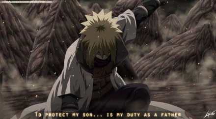 HD anime desktop wallpaper featuring Minato Namikaze from Naruto, kneeling with glowing embers around him and the quote, To protect my son... is my duty as a father.