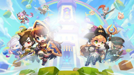 A vibrant HD wallpaper featuring characters from MapleStory 2, showcasing colorful heroes and whimsical creatures against a bright, enchanted background.
