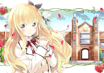 HD anime desktop wallpaper featuring Juliet Persia from Kishuku Gakkou No Juliet with long blonde hair, grey eyes, and a gentle blush against a detailed school building backdrop.