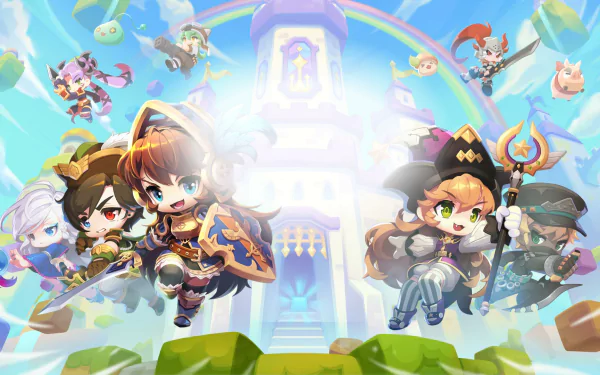A vibrant HD wallpaper featuring characters from MapleStory 2, showcasing colorful heroes and whimsical creatures against a bright, enchanted background.