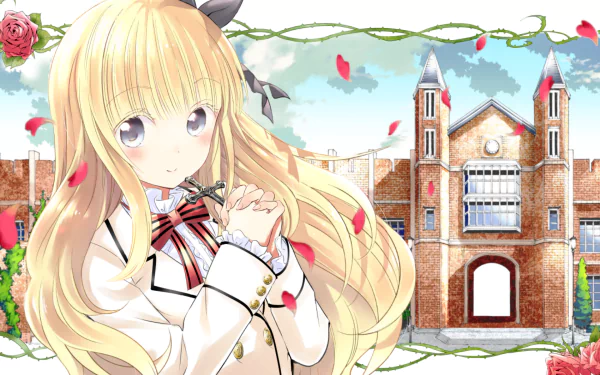 HD anime desktop wallpaper featuring Juliet Persia from Kishuku Gakkou No Juliet with long blonde hair, grey eyes, and a gentle blush against a detailed school building backdrop.